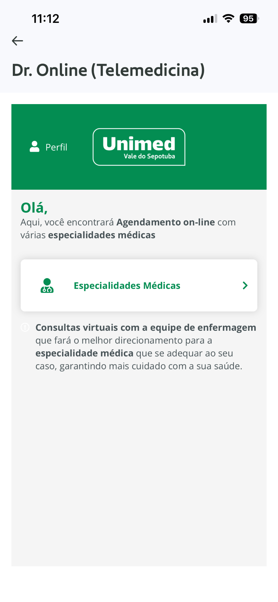 Tela do app Dr. Online — Escolha a especialidade médica